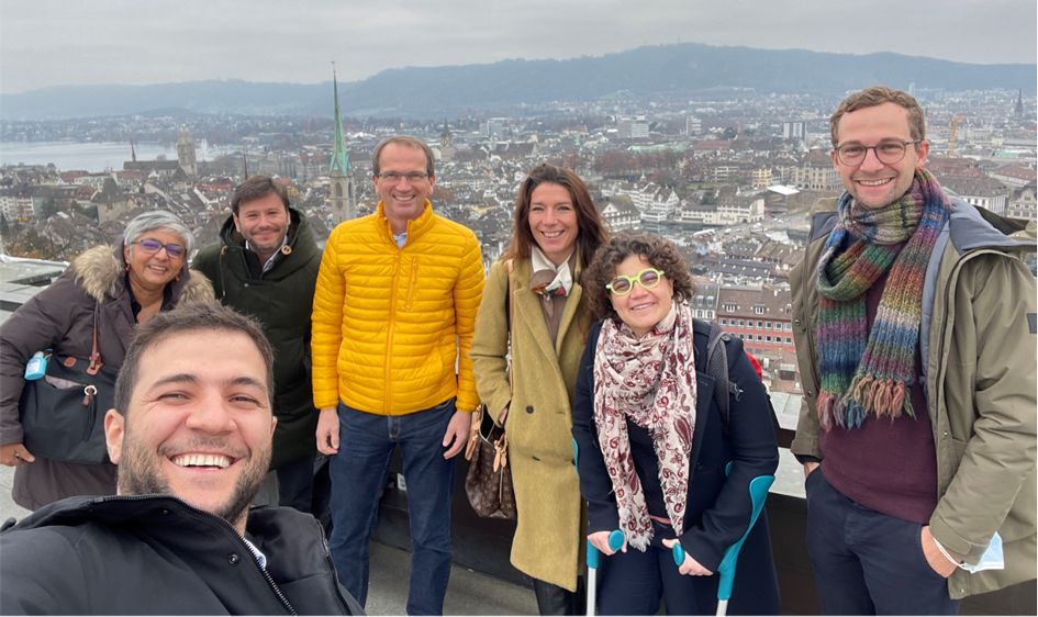 Enlarged view: Figure 2: ICRC team visiting ETH team in Zurich, Nov 24th 2021. Clockwise from front left to right: Mouin Chreif, Bublu Thakur-Weigold (ETH), Ruben Naval (ICRC), Prof. Dr. Stephan Wagner (ETH), Sophie Gligorijevic (ICRC), Rana El Baba (ICRC), Max Löffel (ETH). 