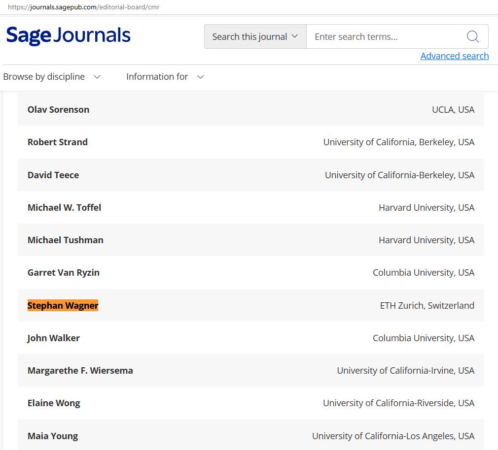 Screenshot from Sage Journals website that shows Prof. Wagner appointed to the editorial board